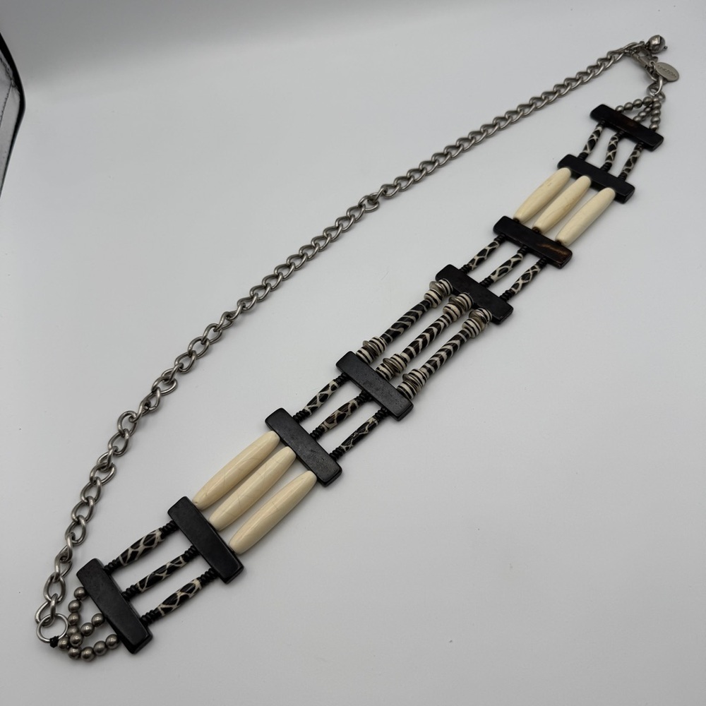 Chico’s Tribal Beaded Concho Belt Black White Silver Tone Adjustable